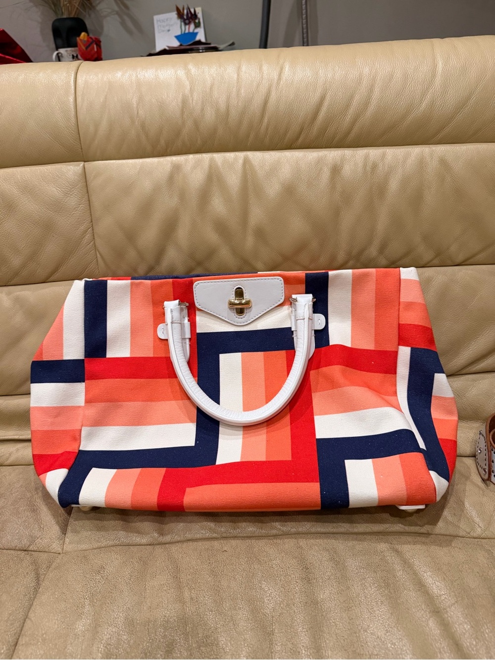 Fratelli Rossetti Geometric Stripe Tote in Red, Coral, Navy & White